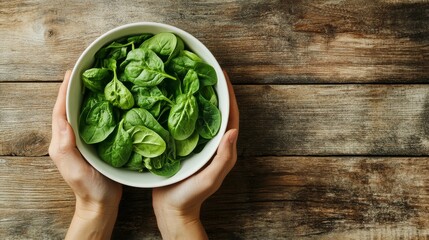 Two hands cradle a white bowl brimming with vibrant fresh organic spinach, showcasing its rich green color against a rustic wooden backdrop