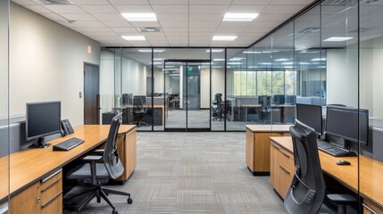 Poster - This sleek, modern office features glass walls and contemporary furniture, showcasing multiple computer monitors and an organized work environment for productivity