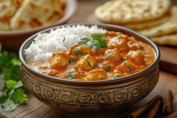 Wall Mural - mouthwatering indian feast steaming chicken tikka masala in ornate bowl fragrant basmati rice and golden naan bread arranged on rustic wooden table with vibrant spices