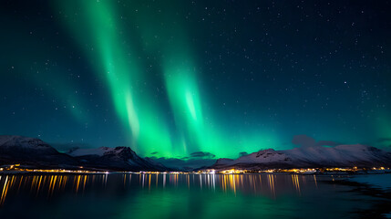 Wall Mural - the northern lights at the night sky with vibrant hues of green, purple glowing