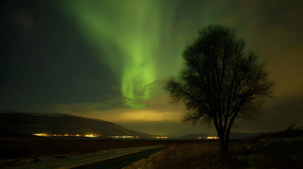 Wall Mural - the northern lights at the night sky with vibrant hues of green, purple glowing
