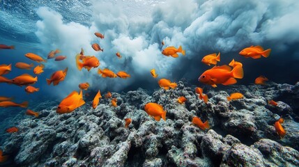 Sticker - Create a dramatic underwater scene where a school of fish swims through a field of volcanic ash.