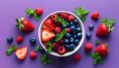 Wall Mural - Vibrant berry medley of strawberries, blueberries, and raspberries garnished with fresh mint against a rich purple backdrop