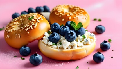 Wall Mural - Delicious Bagel with Cream Cheese and Juicy Blueberries Against a Soft Pink Backdrop