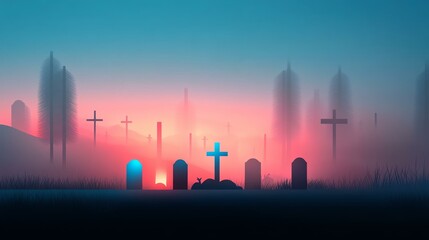 A serene graveyard at dusk, enveloped in mist, featuring crosses and tombstones silhouetted against a colorful sunset.