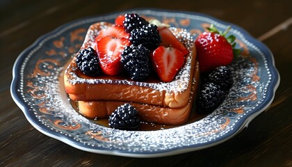 Wall Mural - Delicious French toast adorned with fresh strawberries, blueberries, and blackberries, elegantly dusted with powdered sugar on a decorative plate