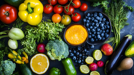 Poster - A vibrant assortment of fresh vegetables and fruits, including leafy greens, tomatoes, carrots, berries, apples, and citrus, beautifully arranged to showcase their colors, textures, and natural health