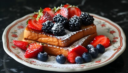 Wall Mural - Delicious French toast adorned with fresh strawberries, blueberries, and blackberries, elegantly dusted with powdered sugar on a decorative plate