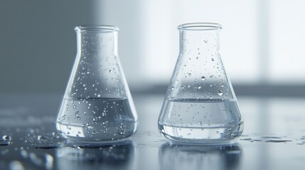 Two Erlenmeyer Flasks Filled with Liquid and Covered in Water Droplets