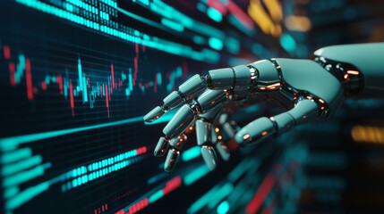 Poster - A robot or cyborg hand taps on a chart displaying trading data from the forex stock exchange. The app or software, equipped with artificial intelligence, analyzes business financial information .