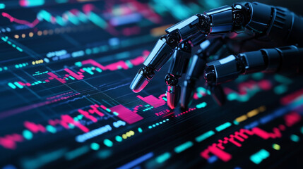 Poster - A robot or cyborg hand taps on a chart displaying trading data from the forex stock exchange. The app or software, equipped with artificial intelligence, analyzes business financial information .