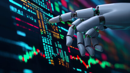 Poster - A robot or cyborg hand taps on a chart displaying trading data from the forex stock exchange. The app or software, equipped with artificial intelligence, analyzes business financial information .