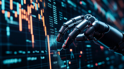 Poster - A robot or cyborg hand taps on a chart displaying trading data from the forex stock exchange. The app or software, equipped with artificial intelligence, analyzes business financial information .