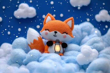 Wall Mural - Cute Fox Holding a Lantern in a Snowy Sky