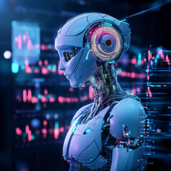 Poster - A robot trader assistant operates in the forex market, using an automated trading system. It leverages software for stock market analysis and provides advisory services with artificial intelligence. 
