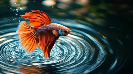 Wall Mural - Orange Betta Fish Leaping From Water With Ripples