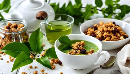 Refreshing breakfast scene featuring green tea and granola on a white table, embraced by vibrant green leaves