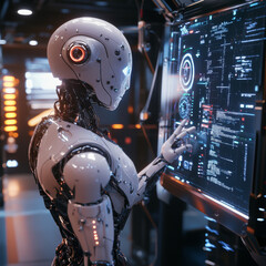 Poster - A robot with AI stands with its back to the viewer, interacting with an industrial 3D virtual interface. From a rear view, the cyborg taps a button on a holographic touch screen while observing .