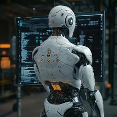 Poster - A robot with AI stands with its back to the viewer, interacting with an industrial 3D virtual interface. From a rear view, the cyborg taps a button on a holographic touch screen while observing .