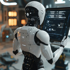 Poster - A robot with AI stands with its back to the viewer, interacting with an industrial 3D virtual interface. From a rear view, the cyborg taps a button on a holographic touch screen while observing .
