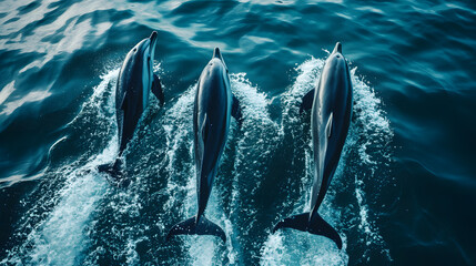 Poster - Joyful dolphins dance through the sparkling, azure ocean