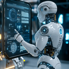 Poster - A robot with AI stands with its back to the viewer, interacting with an industrial 3D virtual interface. From a rear view, the cyborg taps a button on a holographic touch screen while observing .