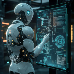 Poster - A robot with AI stands with its back to the viewer, interacting with an industrial 3D virtual interface. From a rear view, the cyborg taps a button on a holographic touch screen while observing .