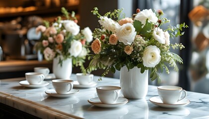 Wall Mural - Elegant latte art in white mug surrounded by floral decorations and fresh bouquet on a stylish marble countertop