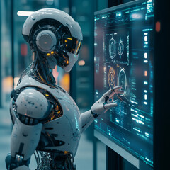 Poster - A robot with AI stands with its back to the viewer, interacting with an industrial 3D virtual interface. From a rear view, the cyborg taps a button on a holographic touch screen while observing .