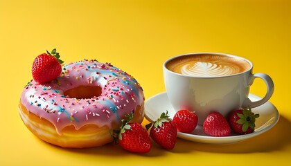 Wall Mural - Colorful rainbow doughnut topped with cream and strawberries alongside a white coffee cup on a vibrant yellow backdrop