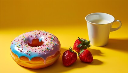 Wall Mural - Colorful rainbow doughnut topped with cream and strawberries alongside a white coffee cup on a vibrant yellow backdrop