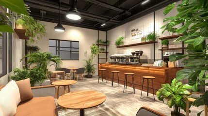 Poster - modern coffee shop design with an emphasis on eco-friendly materials. t
