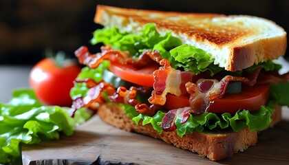 Wall Mural - Savory BLT Sandwich Featuring Crispy Bacon, Fresh Lettuce, Juicy Tomatoes on Golden Toasted Bread