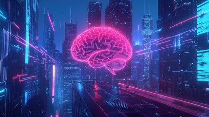 Poster - modern, sleek image of brain waves as part of a futuristic cityscape