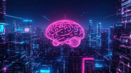 Poster - modern, sleek image of brain waves as part of a futuristic cityscape