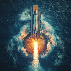 Wall Mural - a rocket launches from an autonomous spaceport drone ship at sea, viewed from above. the spaceship a
