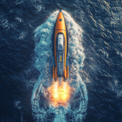 Wall Mural - a rocket launches from an autonomous spaceport drone ship at sea, viewed from above. the spaceship a