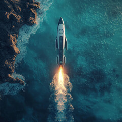 Wall Mural - a rocket launches from an autonomous spaceport drone ship at sea, viewed from above. the spaceship a