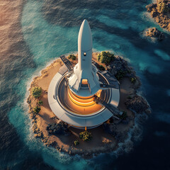 Wall Mural - a rocket launches from an autonomous spaceport drone ship at sea, viewed from above. the spaceship a