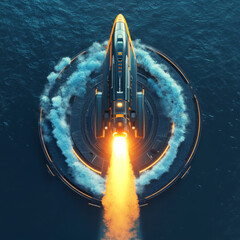Wall Mural - a rocket launches from an autonomous spaceport drone ship at sea, viewed from above. the spaceship a