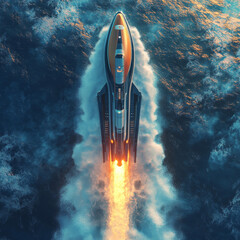 Wall Mural - a rocket launches from an autonomous spaceport drone ship at sea, viewed from above. the spaceship a
