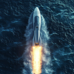 Wall Mural - a rocket launches from an autonomous spaceport drone ship at sea, viewed from above. the spaceship a