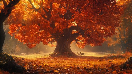 Poster - A large tree with vibrant orange leaves stands in a serene forest, while two deer graze peacefully nearby. Sunlight filters through the leaves, creating a warm and inviting atmosphere during autumn.