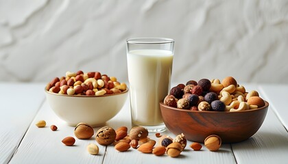 Refreshing milk alongside a delightful bowl of assorted nuts on a pristine white table