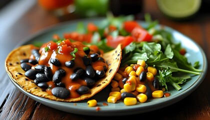 Tempting black bean and cheese quesadillas served with vibrant tomato salsa and fresh corn salad on a plate