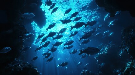 serene image of a school of fish swimming in the twilight zone of the ocean.