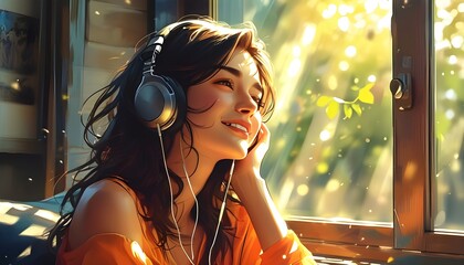 Wall Mural - Joyful anime girl enjoying music by a sunny window, immersed in vibrant digital art with headphones and a bright, cheerful atmosphere