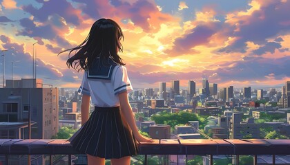 Wall Mural - Girl in school uniform atop rooftop railing gazing at vibrant cityscape, captured in stylized Japanese animation digital art illustration