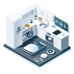 Poster - Smart kitchen: a smartphone manages kitchen appliances such as the dishwasher, refrigerator, washing machine, robot vacuum cleaner, and smart TV. VECTOR, isometric illustration.