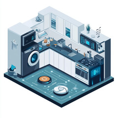Poster - Smart kitchen: a smartphone manages kitchen appliances such as the dishwasher, refrigerator, washing machine, robot vacuum cleaner, and smart TV. VECTOR, isometric illustration.